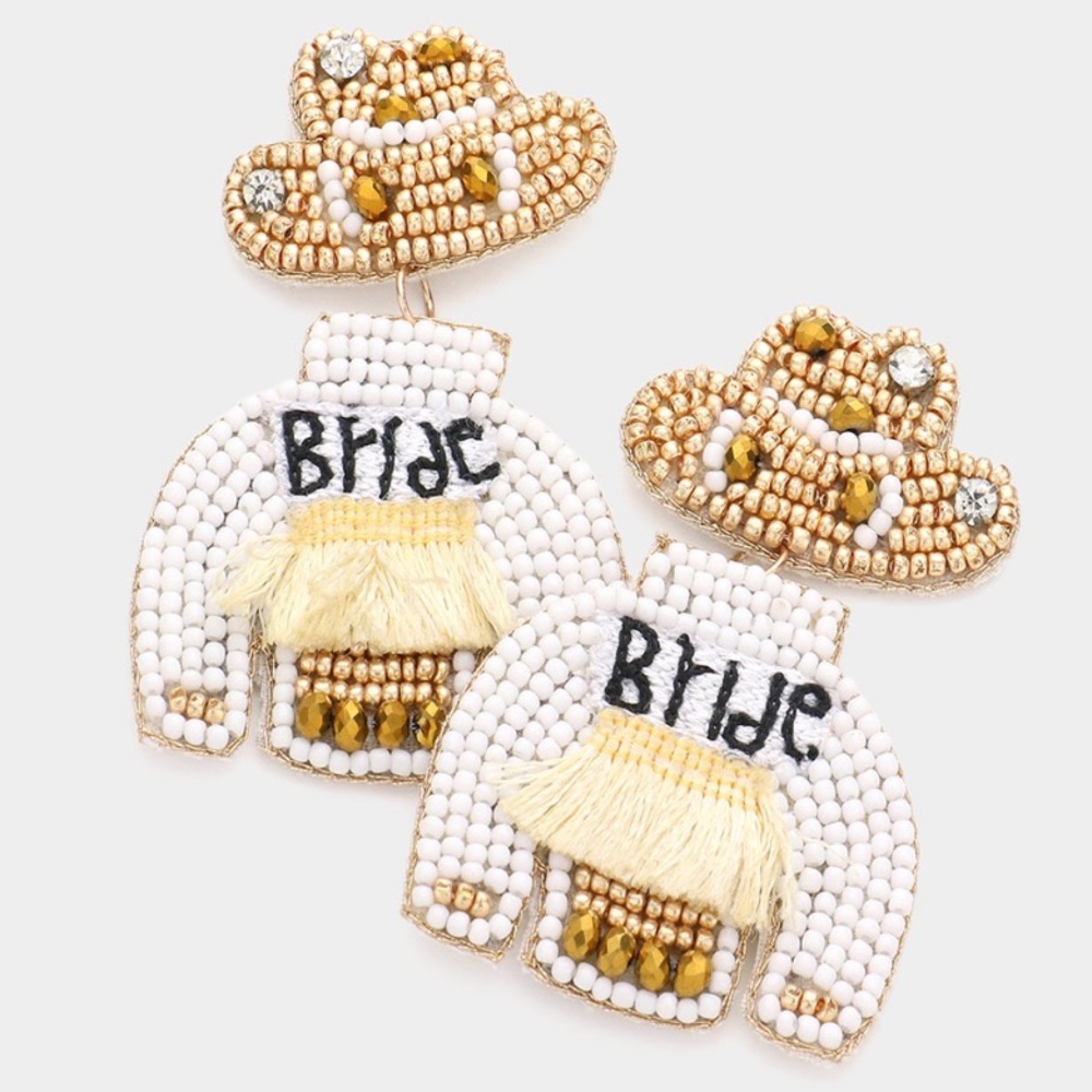 BRIDE EARRINGS: Bride Beaded Hat & Fringe Jacket Statement Earrings – Gold - NEW